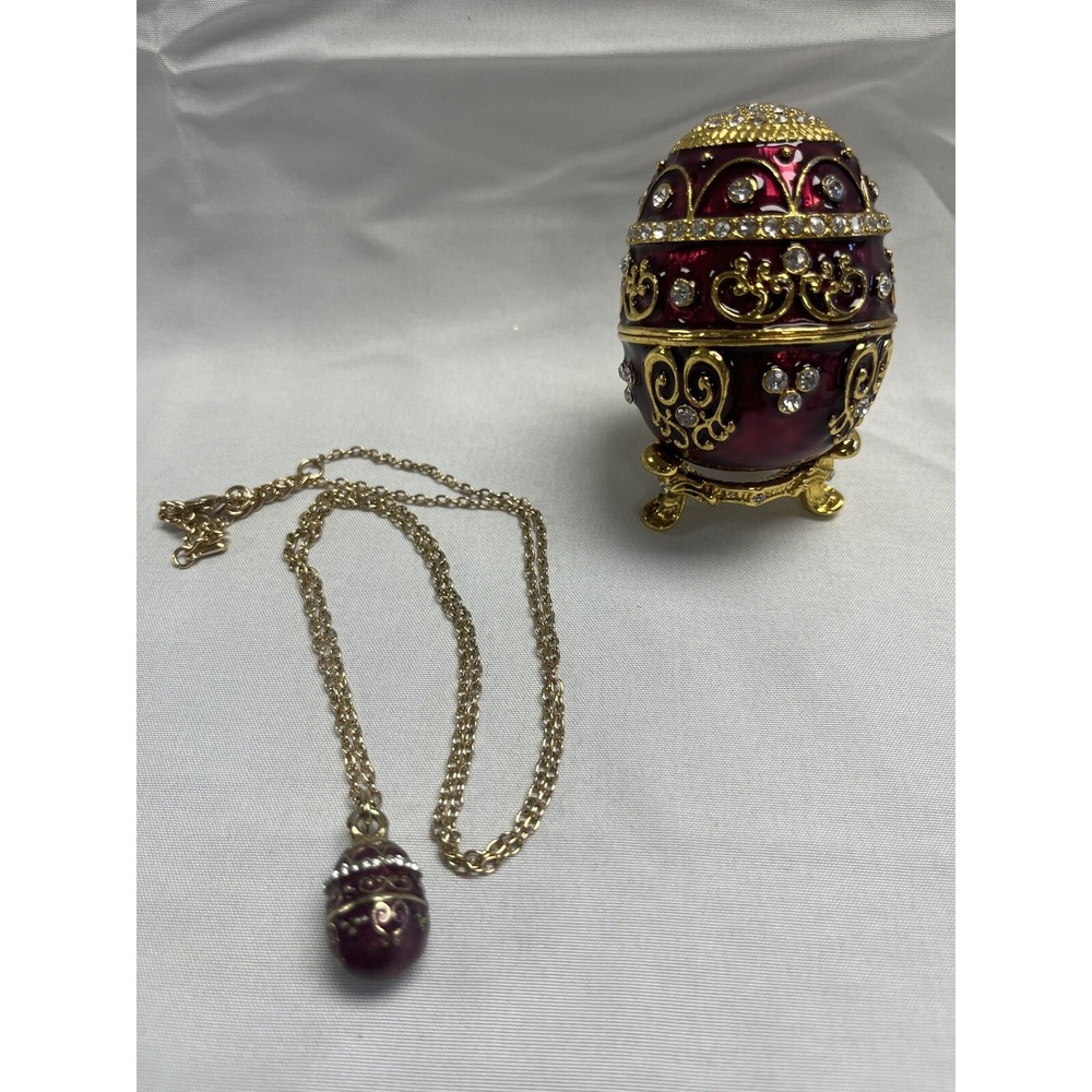 Vtg Stauer Candy Apple Red Jeweled Egg W Matching 24" Necklace Pill Trinket Box